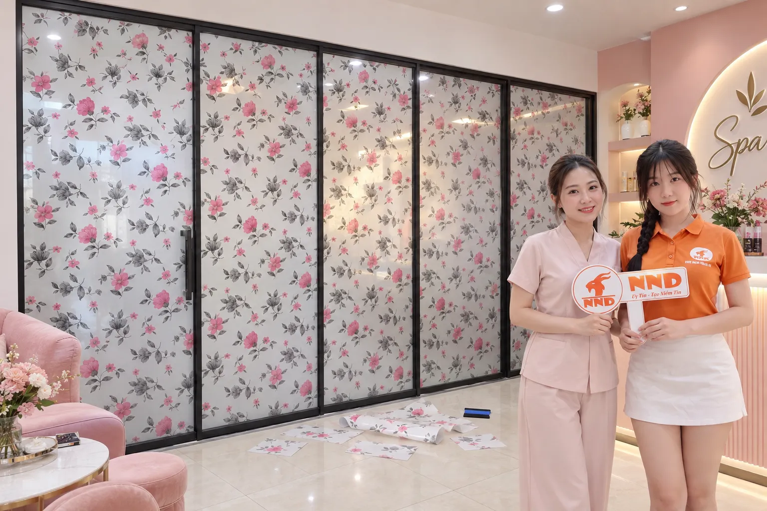 Giấy dán kính trang trí hoa văn màu hồng hoàn thiện tại không gian spa