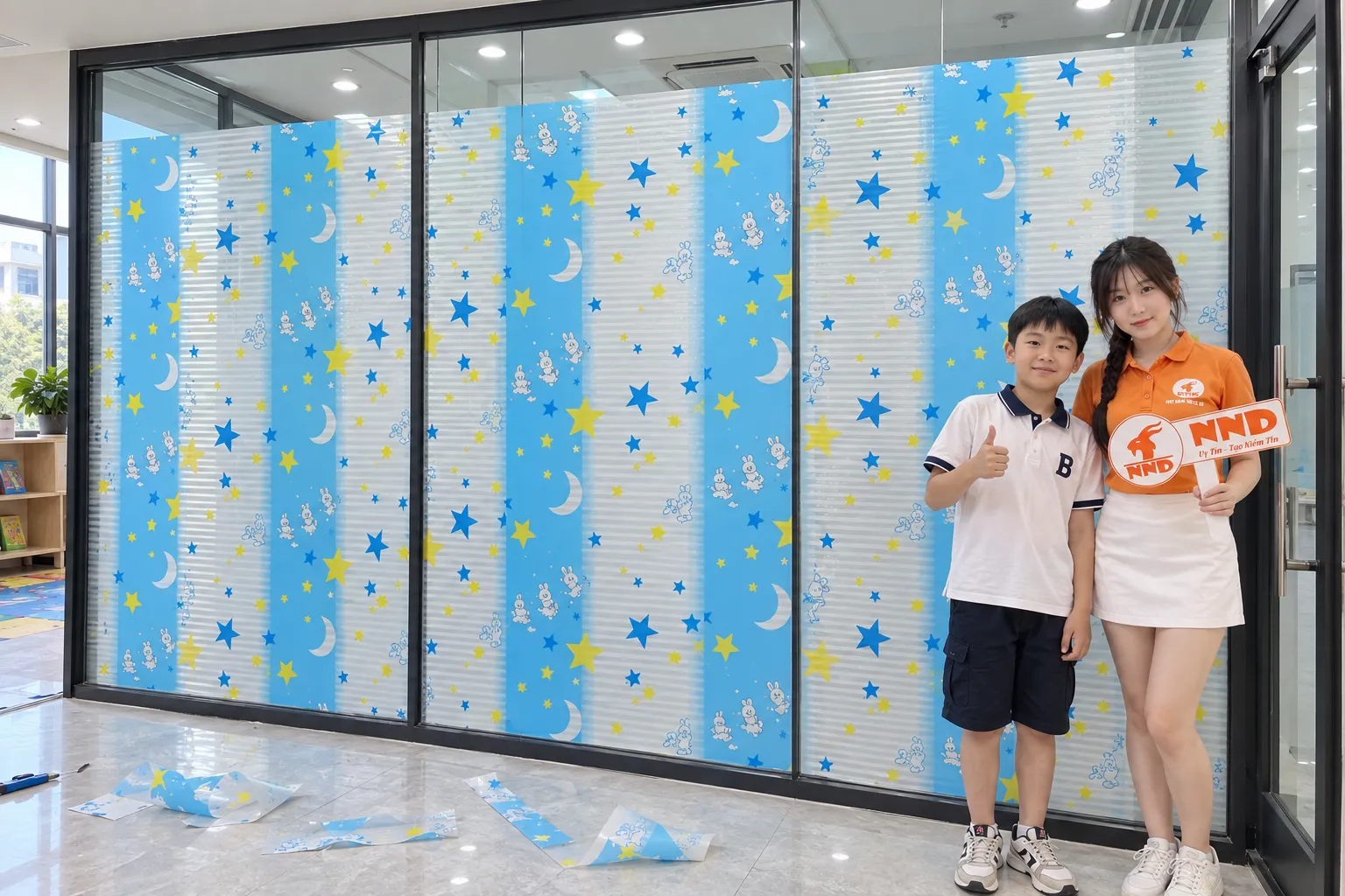 Khách hàng chụp ảnh cùng nhân viên NND trước vách kính dán giấy trang trí họa tiết sao trăng màu xanh
