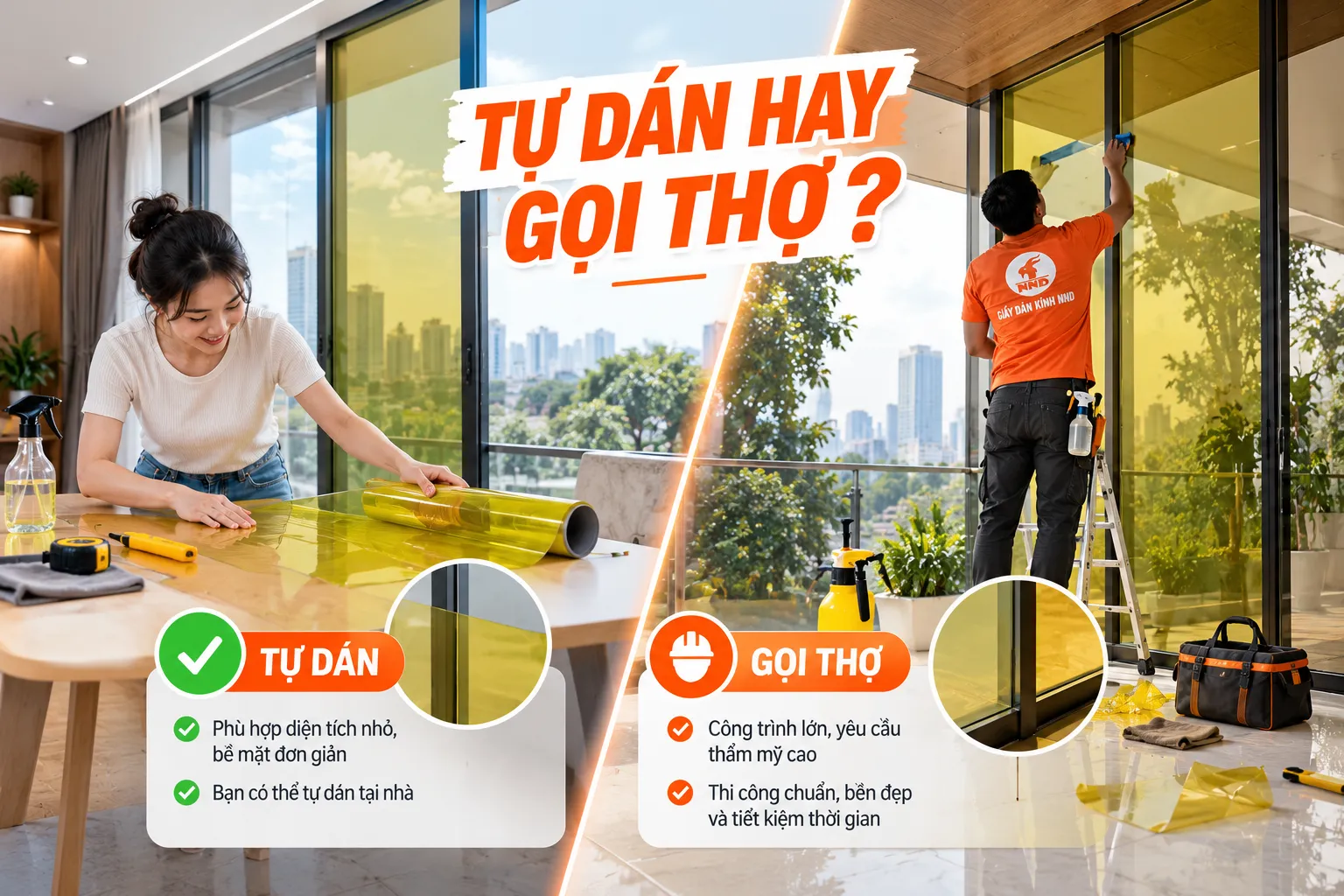 So sánh tự dán phim dán kính màu và gọi thợ NND thi công cho cửa kính lớn