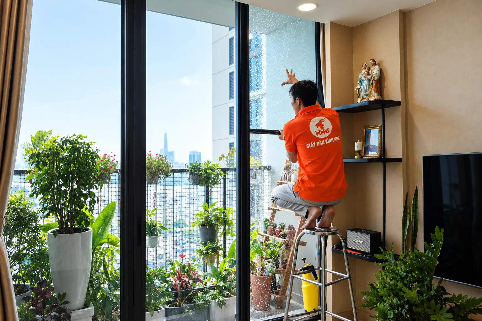 Kỹ thuật viên NND căn chỉnh phim cách nhiệt trên ô kính lớn tại biệt thự Ecopark