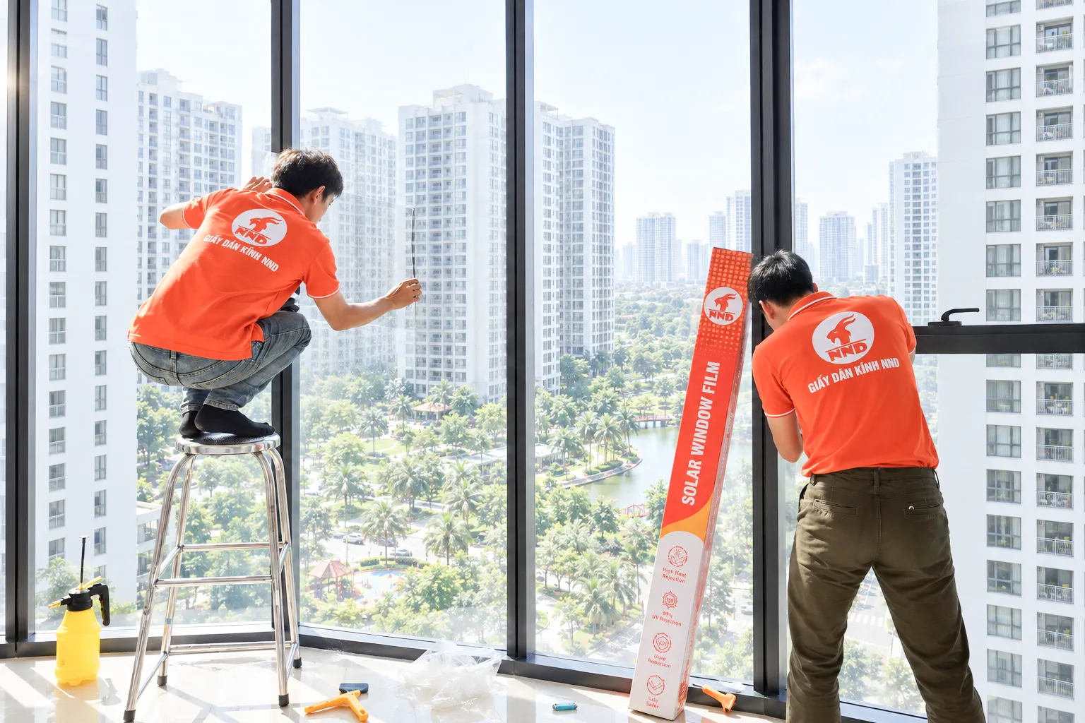 Hai kỹ thuật viên NND đồng thời xử lý các mảng kính lớn tại căn hộ Vinhomes Times City