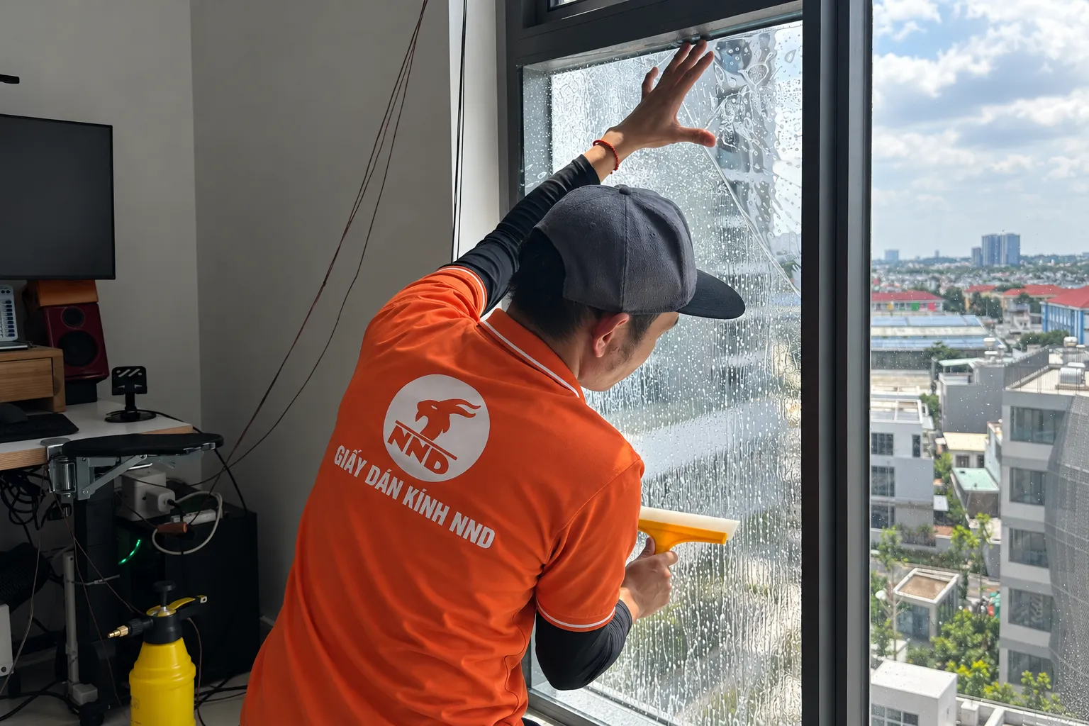 Kỹ thuật viên NND gạt phim cách nhiệt trên ô kính căn hộ Masteri West Heights