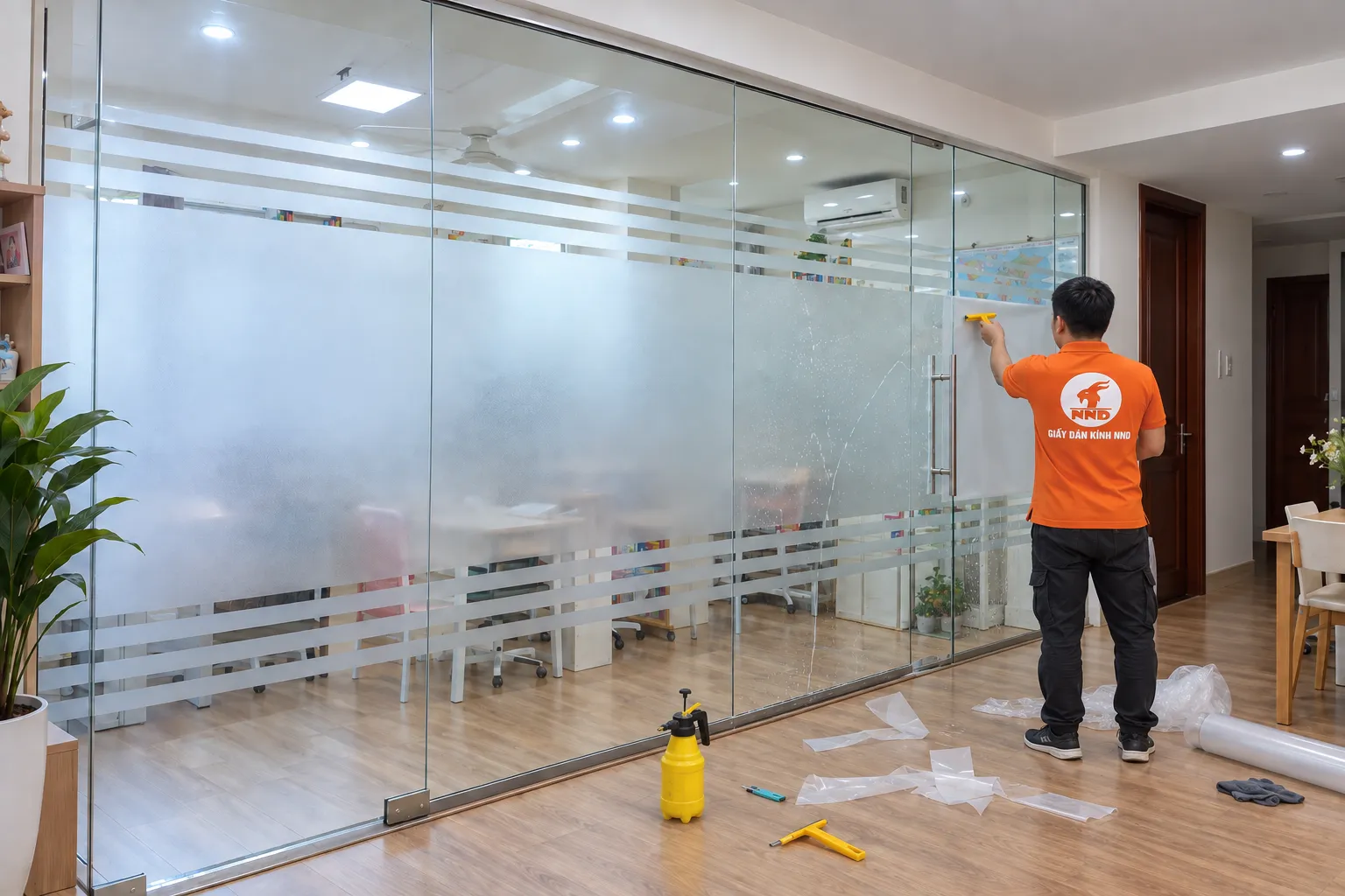 Thợ NND dùng gạt thi công decal mờ trên vách kính phòng học để che tầm nhìn và tăng riêng tư
