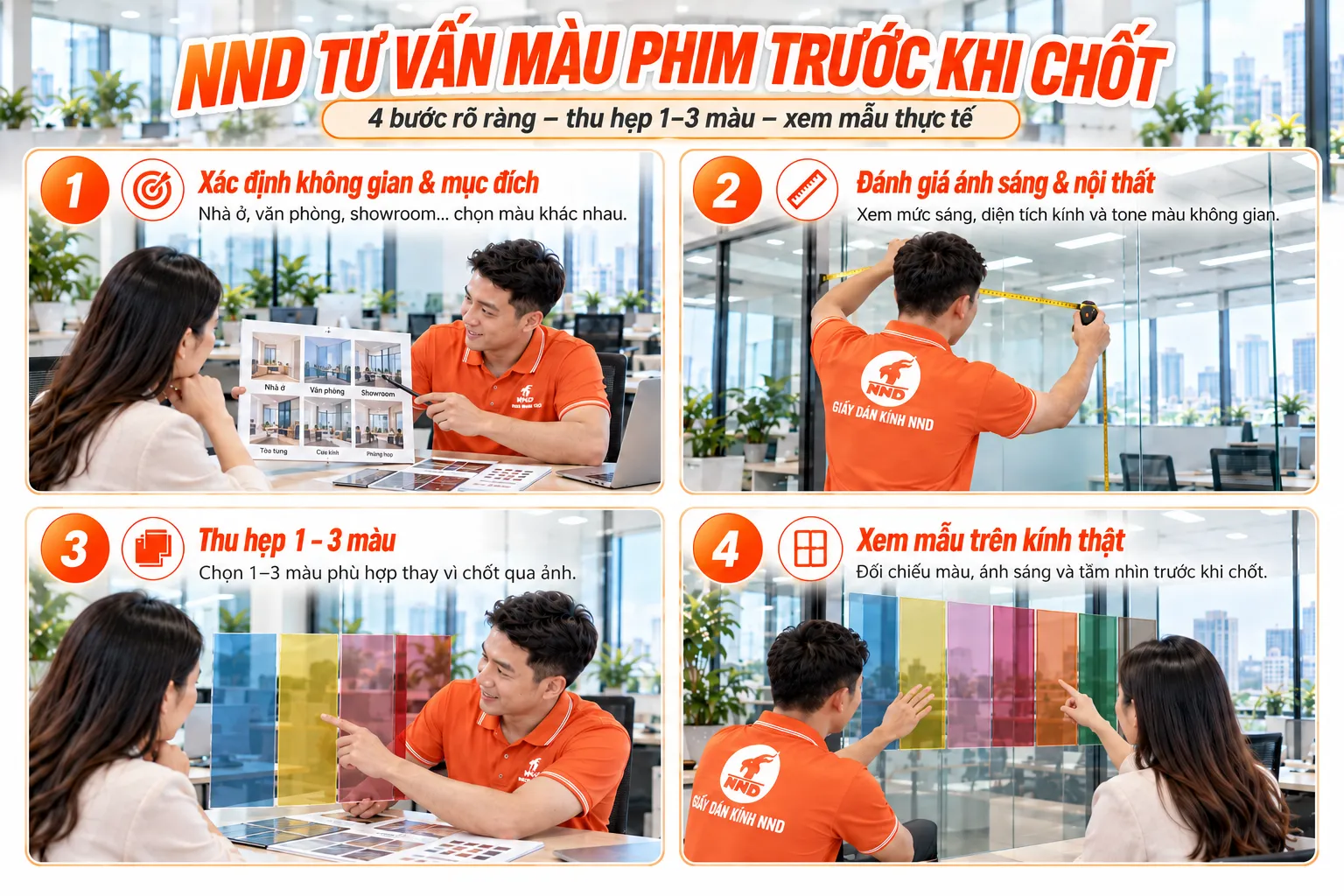 Quy trình NND tư vấn chọn phim dán kính màu trước khi chốt phương án