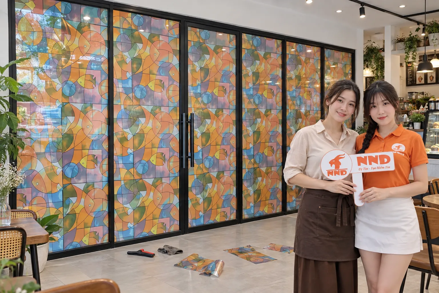 Khách hàng chụp ảnh cùng nhân viên NND trước vách kính quán café dán giấy trang trí họa tiết màu sắc sau thi công