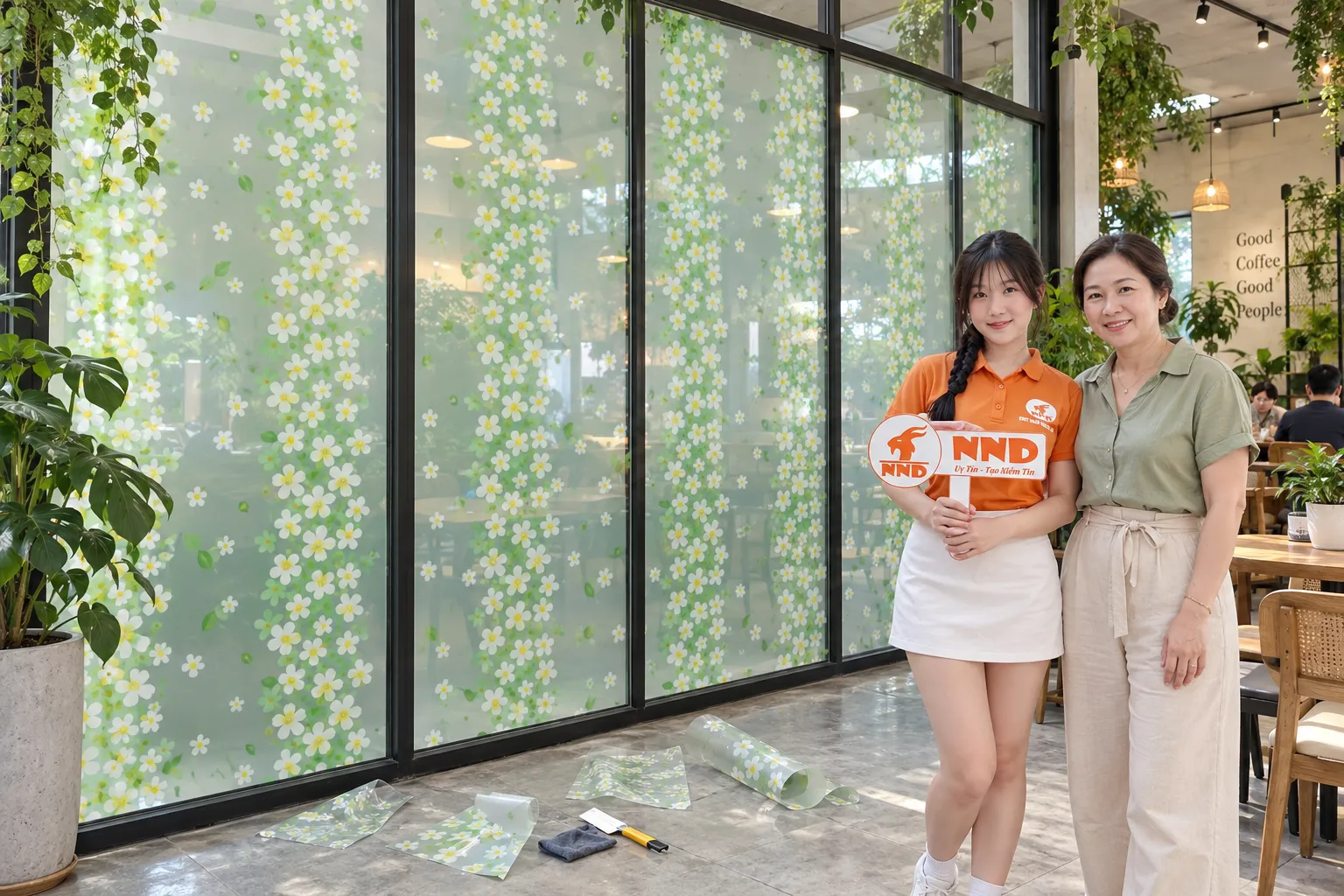 Giấy dán kính trang trí hoa trắng nền xanh hoàn thiện tại quán café