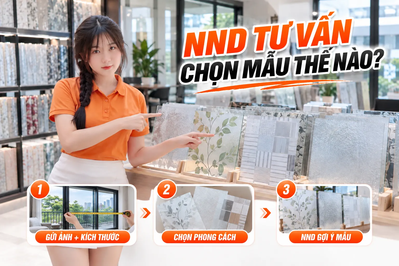 Nhân viên NND tư vấn chọn mẫu giấy dán kính trang trí theo ảnh không gian, kích thước kính và phong cách mong muốn