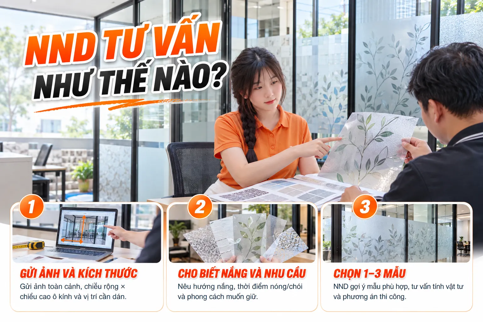 Infographic quy trình NND tư vấn giấy dán kính trang trí theo ảnh không gian, kích thước, hướng nắng và mẫu khách yêu thích