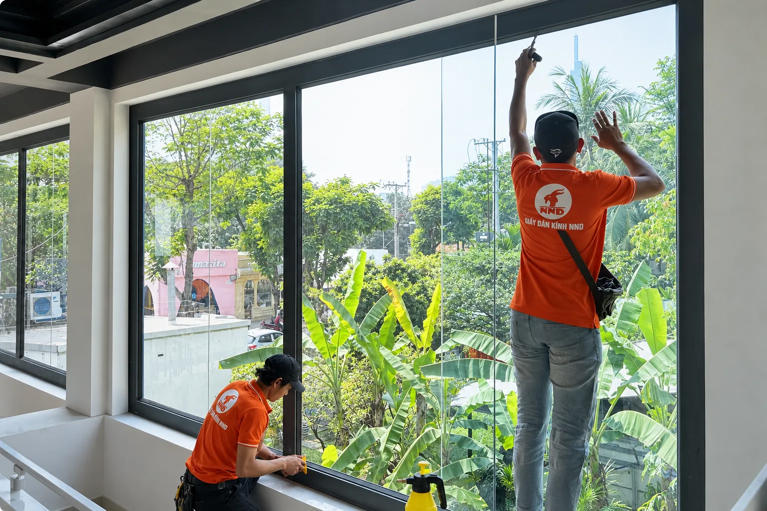 Kỹ thuật viên NND căn chỉnh phim sát khung kính lớn tại GS25 CMC Tower