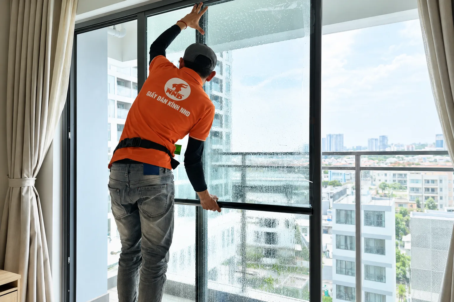 Kỹ thuật viên NND căn chỉnh phim trên hệ cửa kính lớn tại Masteri West Heights