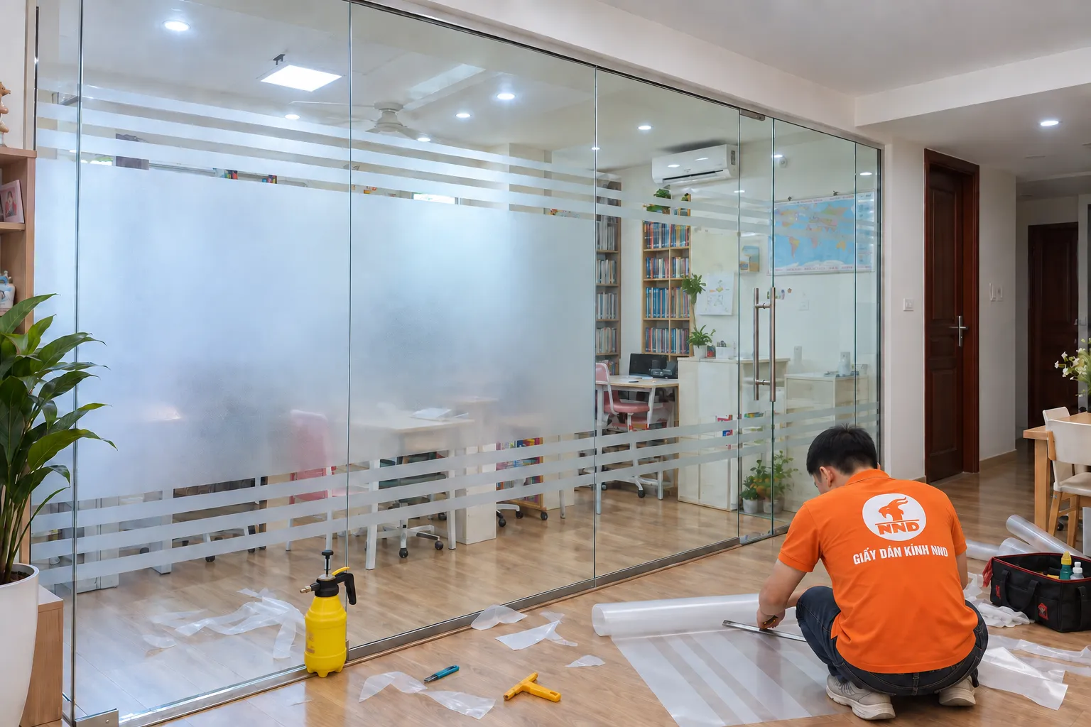 Thợ NND cắt tấm decal mờ theo kích thước trước khi thi công cho vách kính phòng học