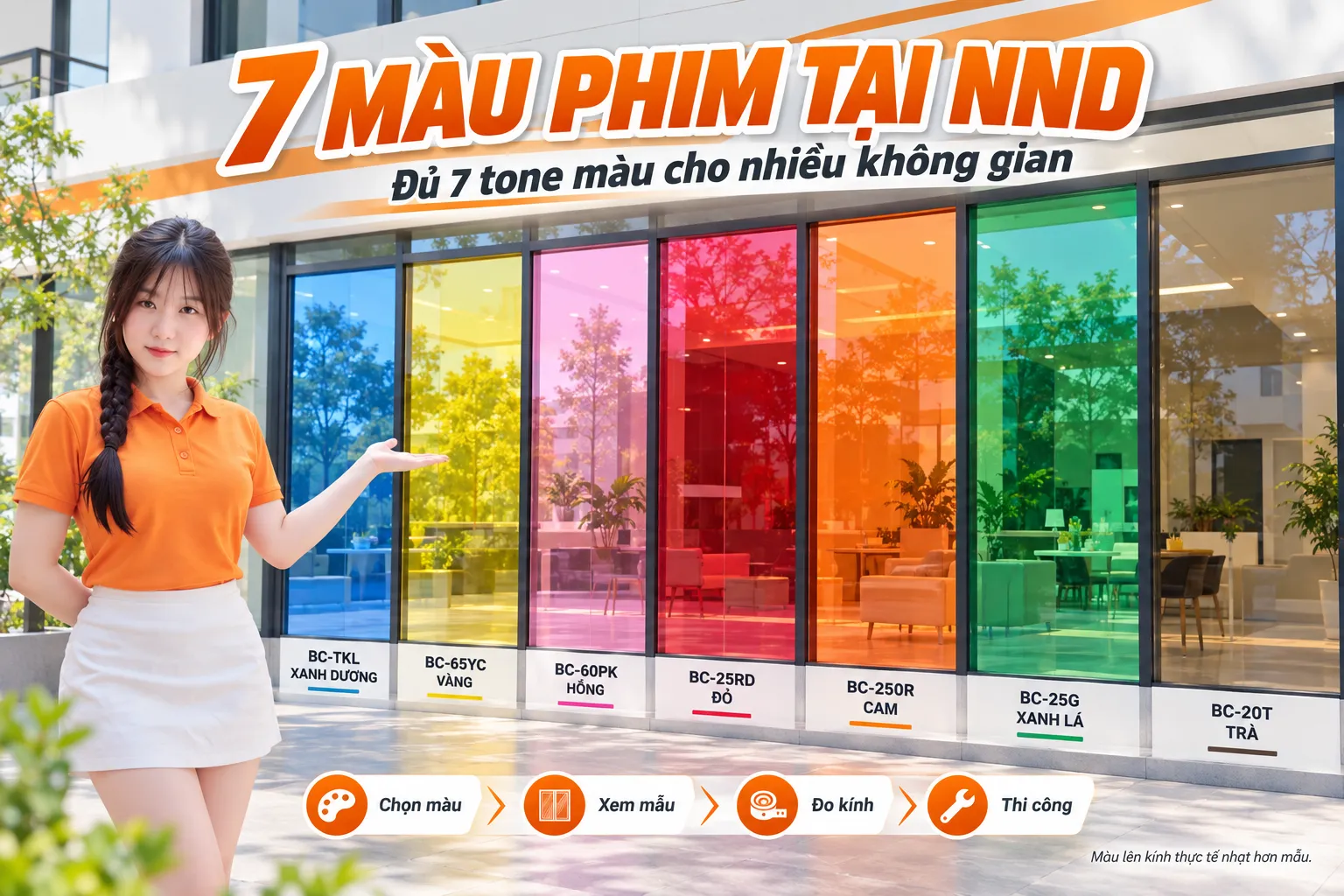 7 màu phim dán kính tại NND gồm BC-TKL xanh dương, BC-65YC vàng, BC-60PK hồng, BC-25RD đỏ, BC-25OR cam, BC-25G xanh lá và BC-20T trà