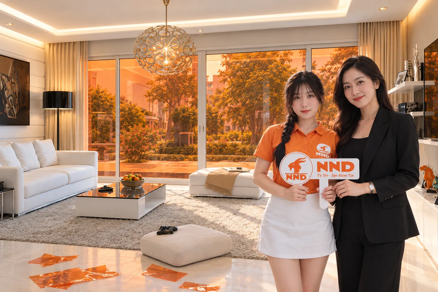 Nhà ở dán phim kính màu cam tạo điểm nhấn ấm cho không gian phòng khách