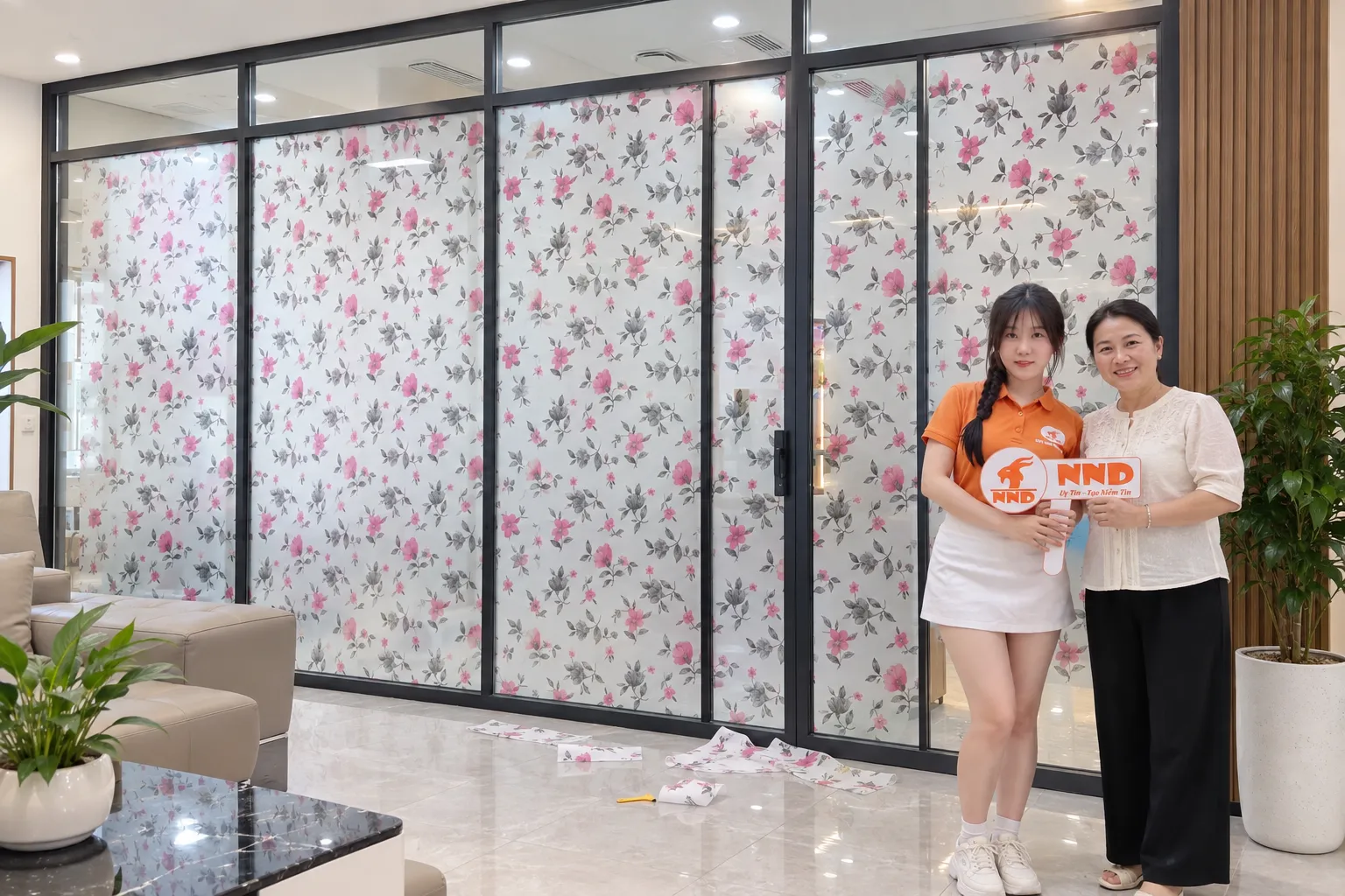 Khách hàng chụp ảnh cùng nhân viên NND trước vách kính dán giấy trang trí hoa văn màu hồng sau khi hoàn thiện