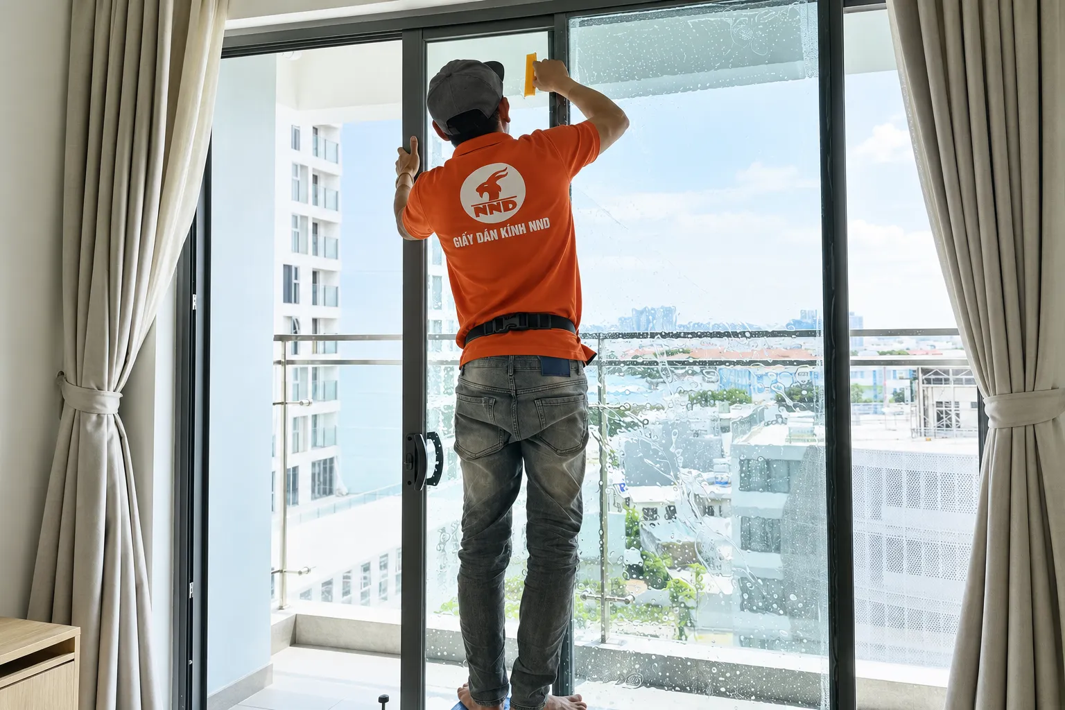Kỹ thuật viên NND hoàn thiện bề mặt phim cách nhiệt trên cửa kính Masteri West Heights