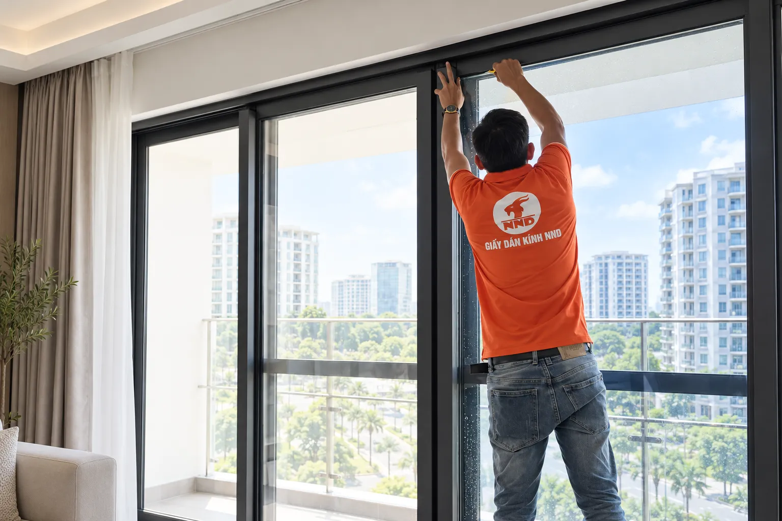 Kỹ thuật viên NND hoàn thiện đường cắt phim cách nhiệt tại Phú Mỹ Hưng