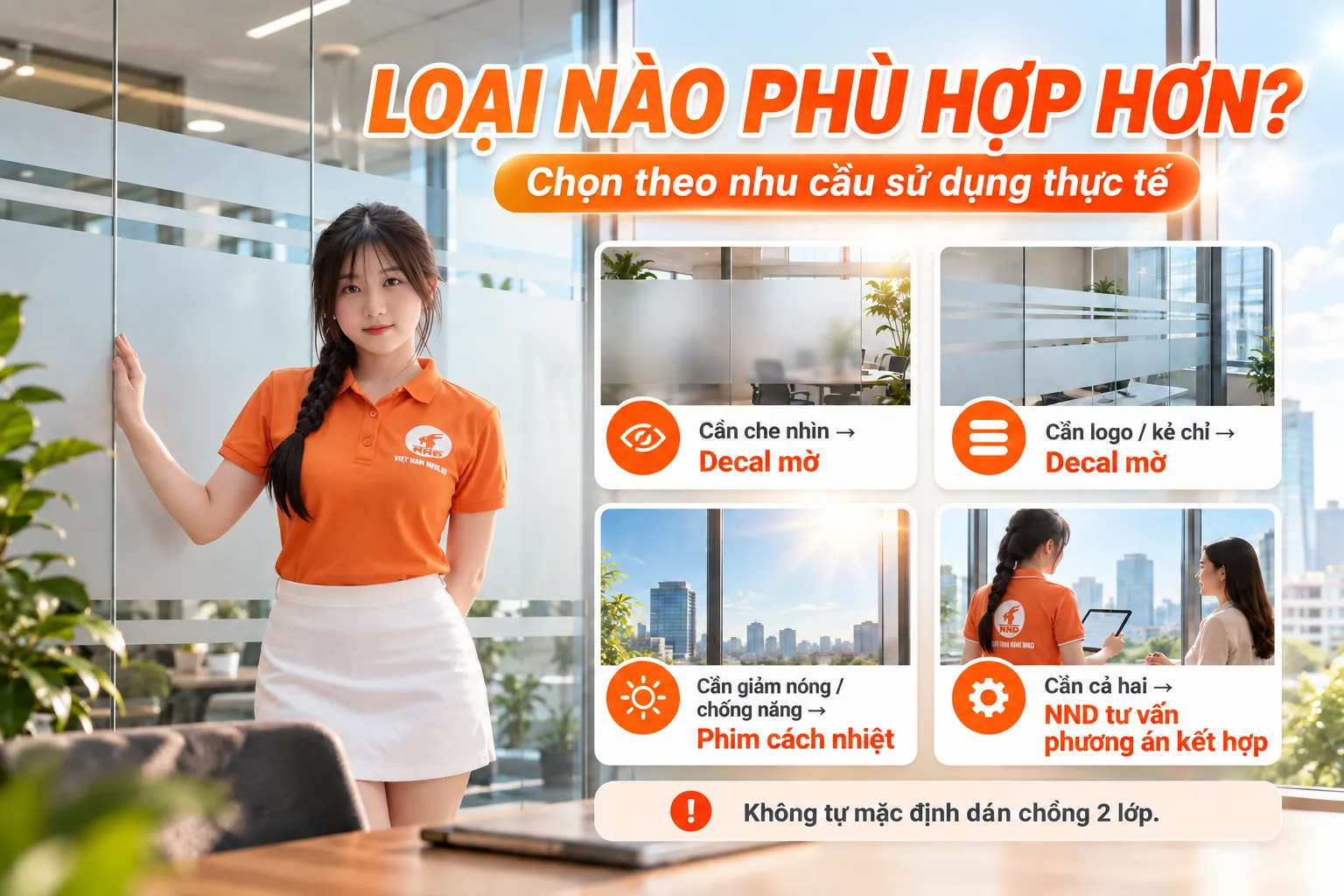 Infographic hướng dẫn chọn decal mờ khi cần riêng tư, phim cách nhiệt khi cần giảm nóng và giải pháp kết hợp khi cần cả hai