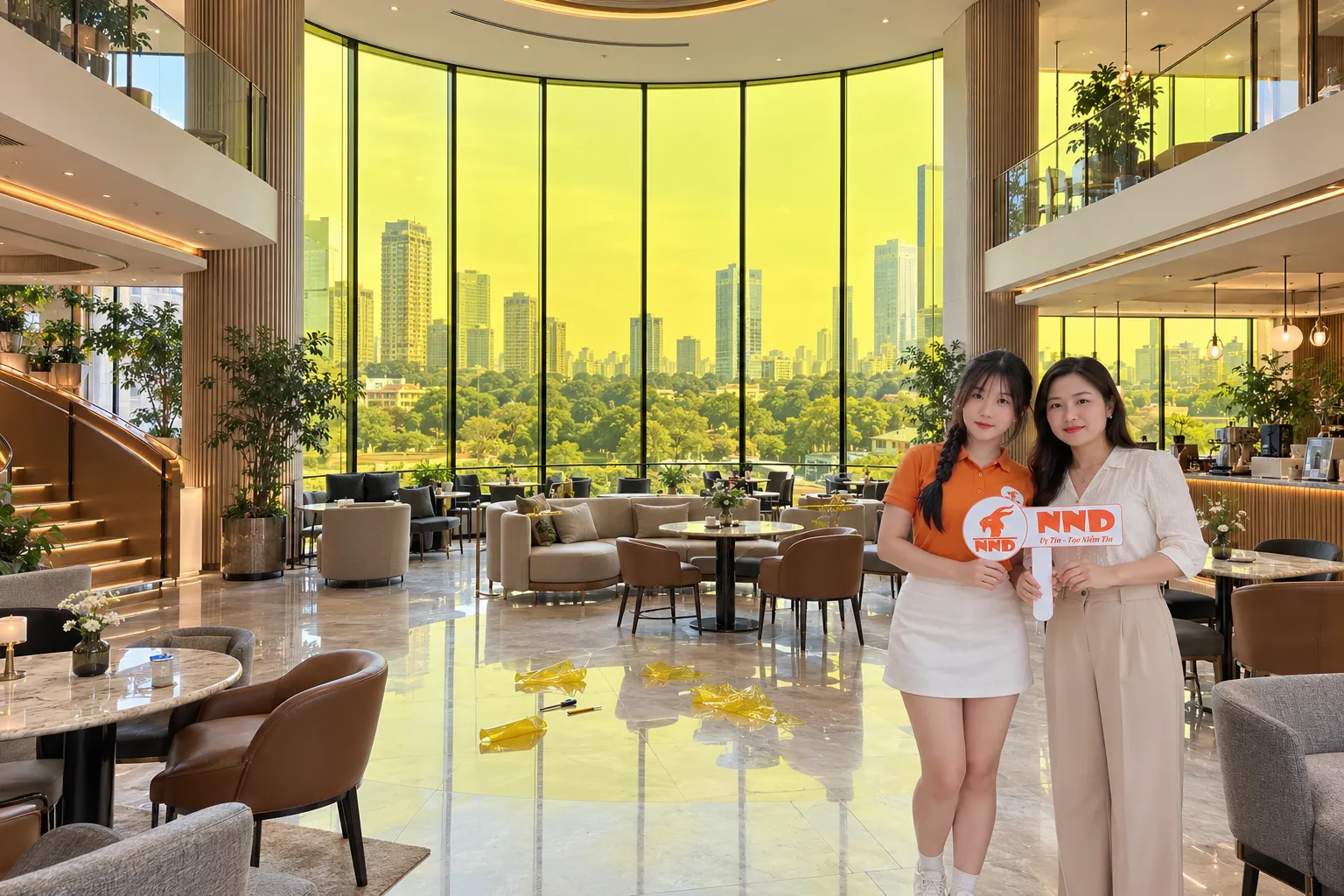 Quán cà phê dán phim kính màu vàng tạo sắc ấm và nổi bật không gian