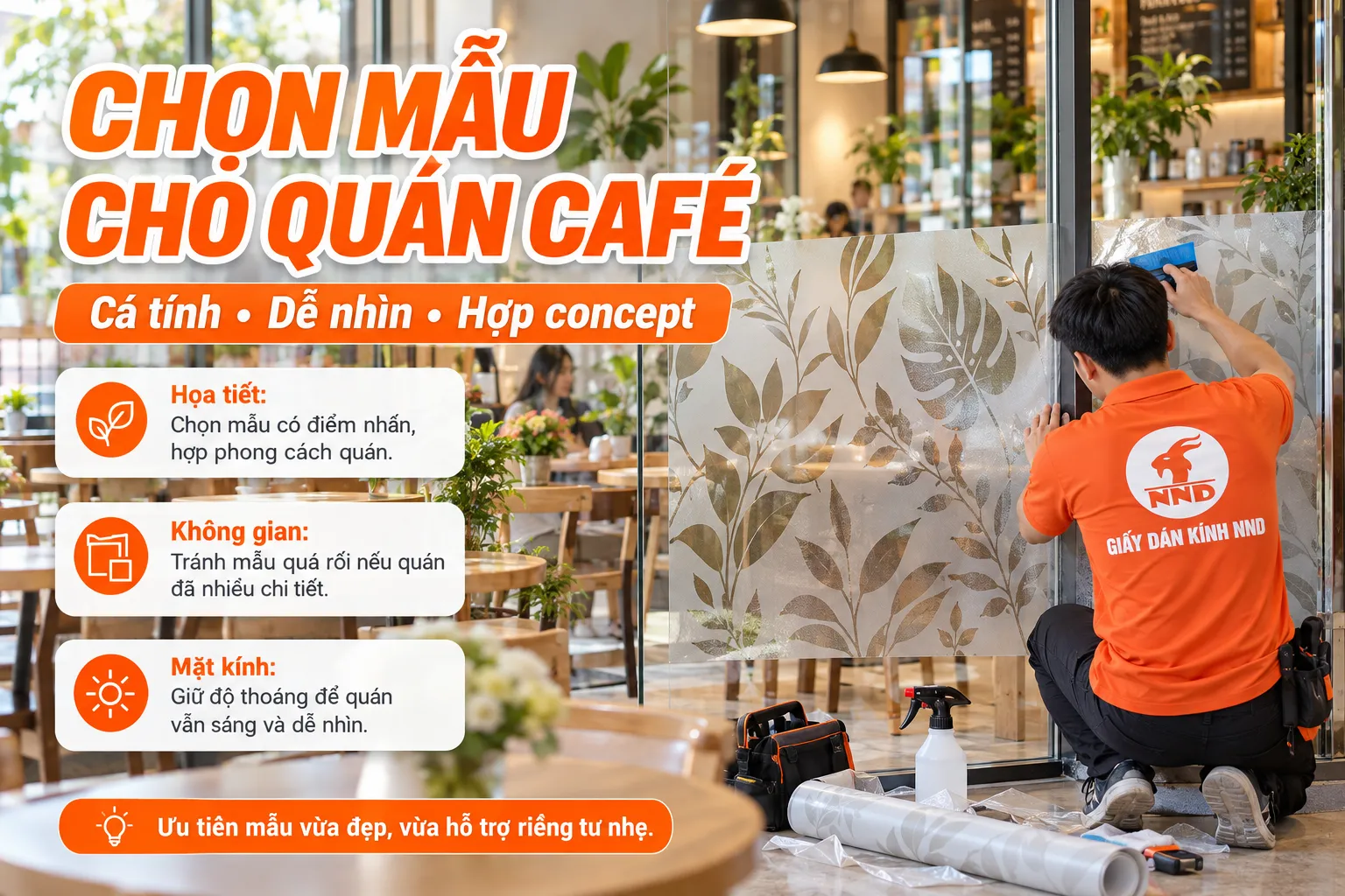 Infographic chọn giấy dán kính trang trí cho quán café theo họa tiết, concept không gian và mức độ thoáng của mặt kính