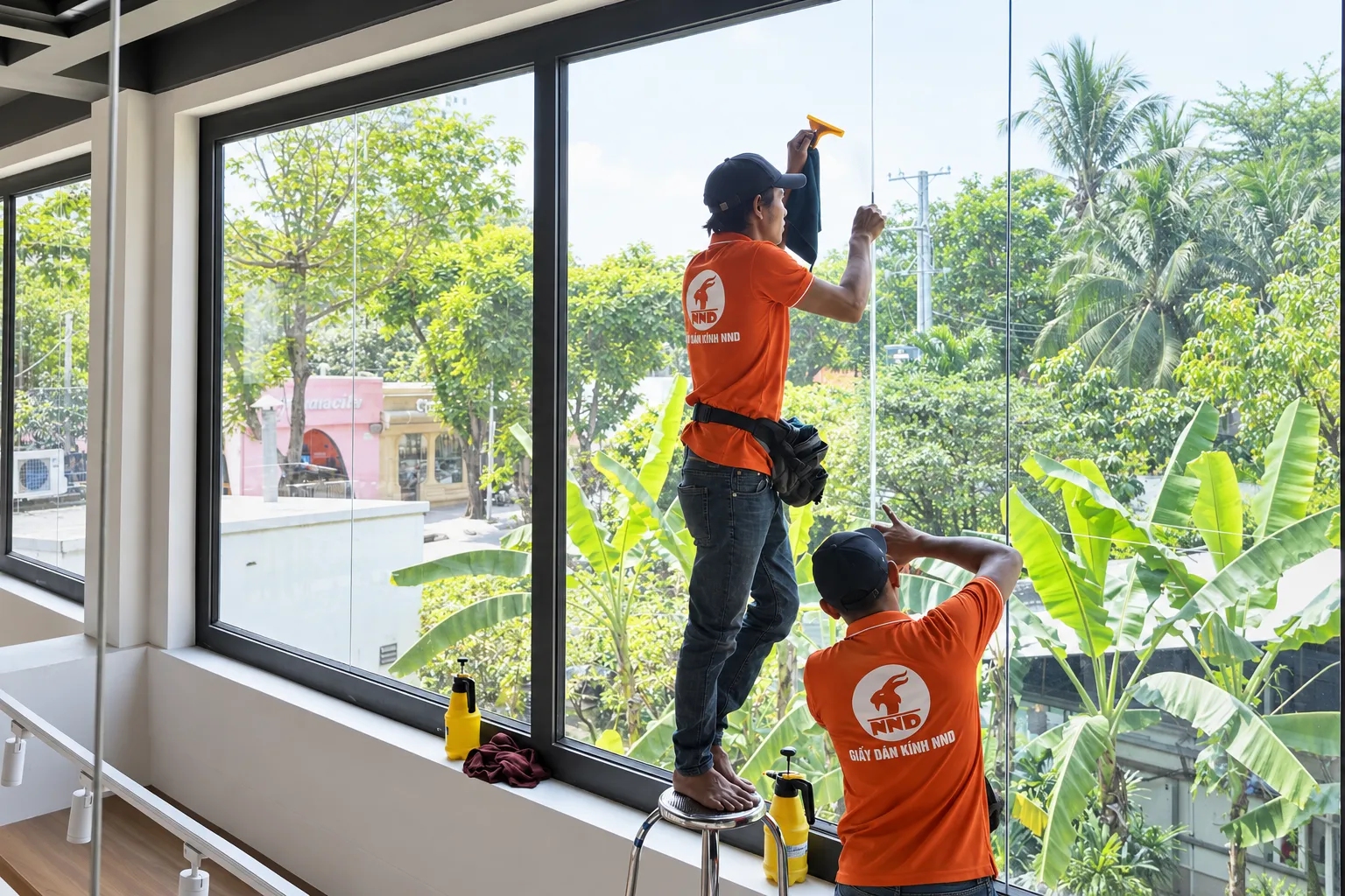 Đội kỹ thuật NND hoàn thiện phim cách nhiệt trên hệ kính tại GS25 CMC Tower