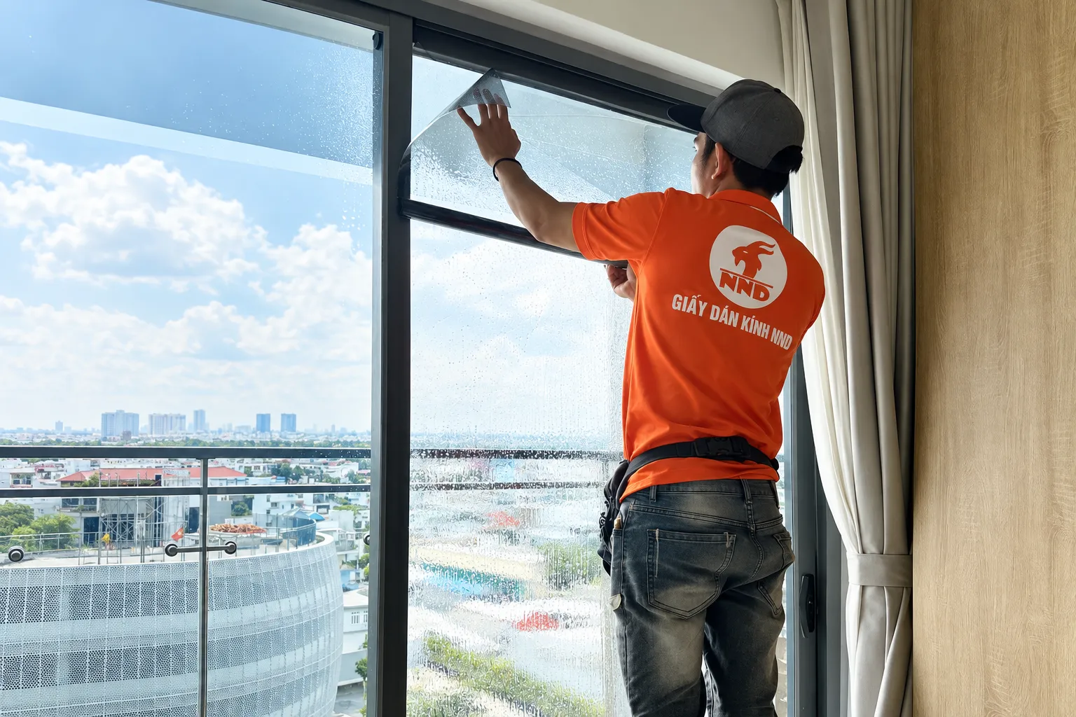Kỹ thuật viên NND căn mép phim cách nhiệt sát khung cửa kính căn hộ Masteri West Heights