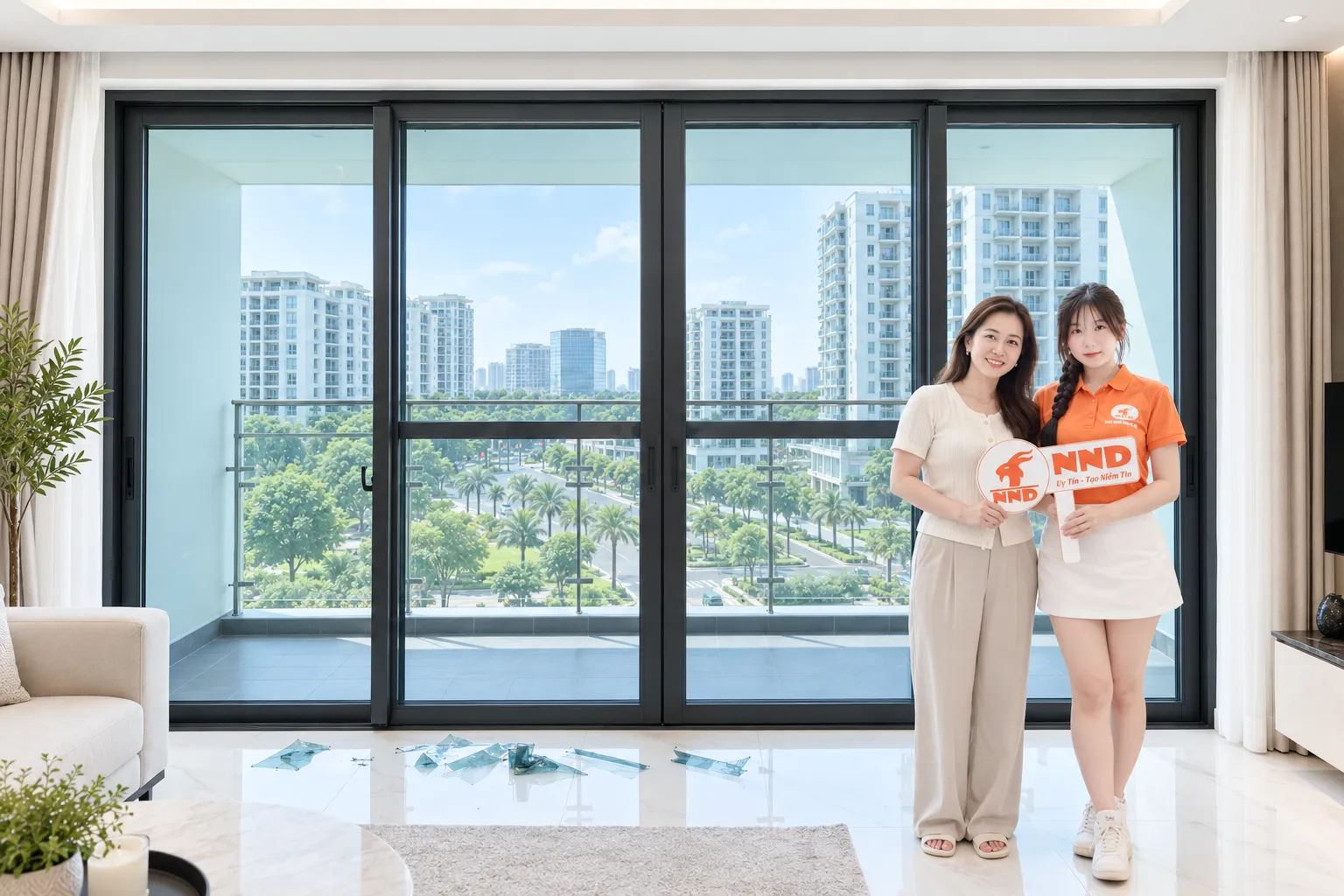 Khách hàng và nhân viên NND nghiệm thu công trình phim cách nhiệt Phú Mỹ Hưng