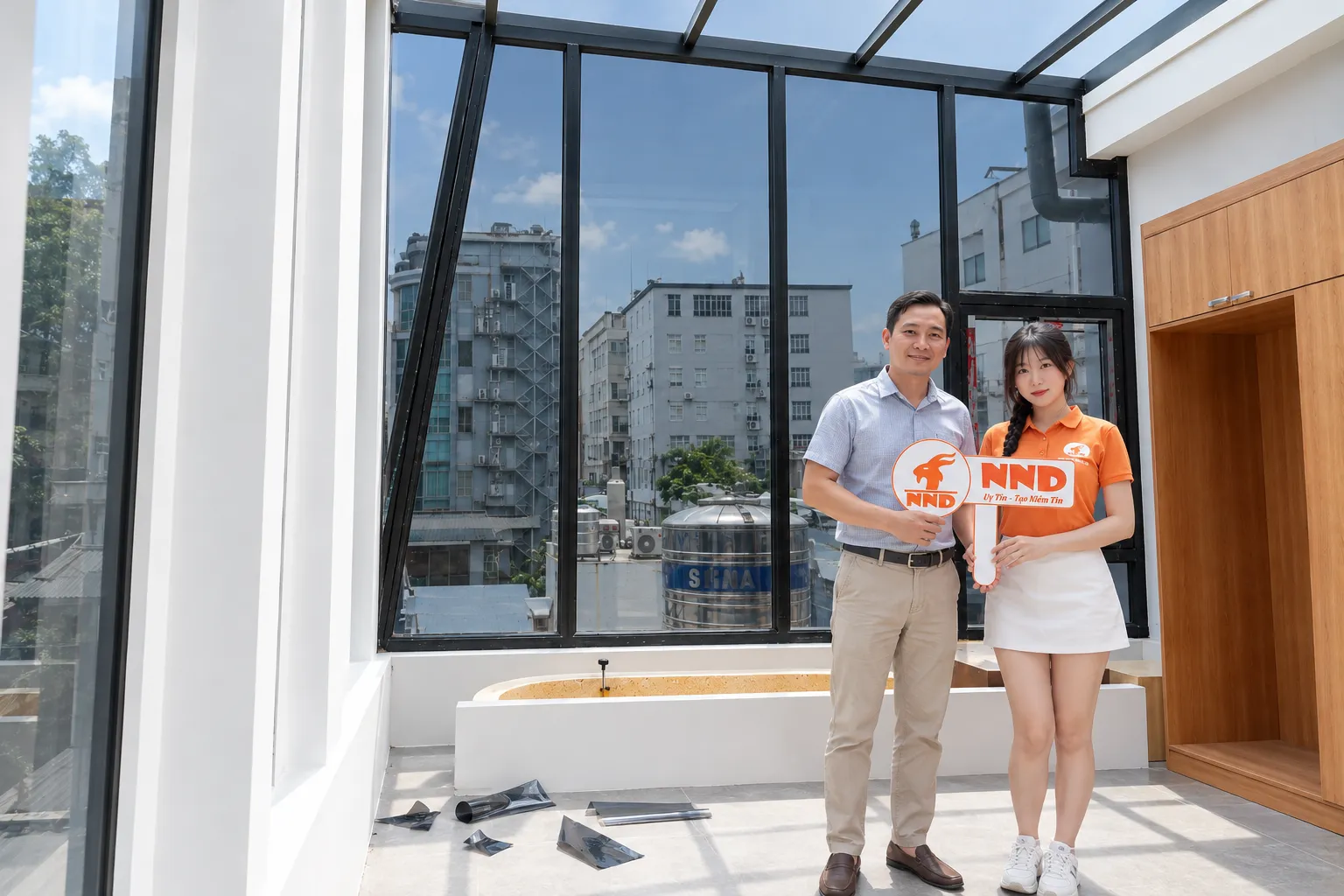 Khách hàng và NND nghiệm thu công trình dán phim cách nhiệt nhà phố Kiến Hưng