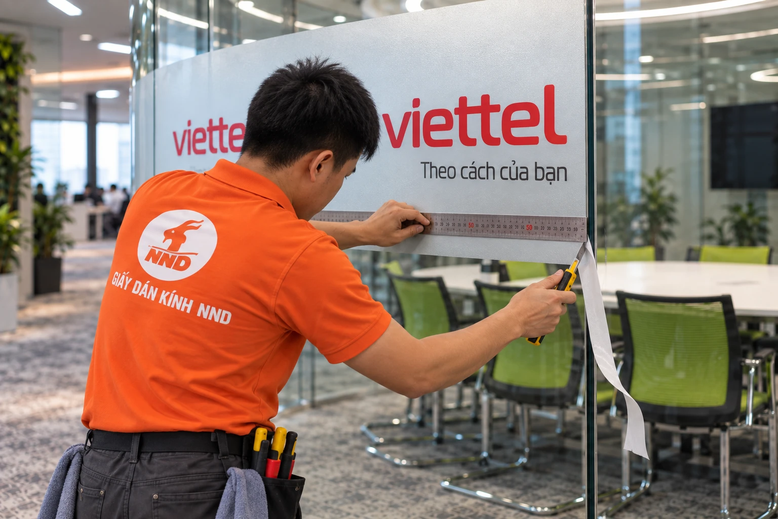 Cận cảnh decal mờ kẻ chỉ trên cửa kính văn phòng Viettel