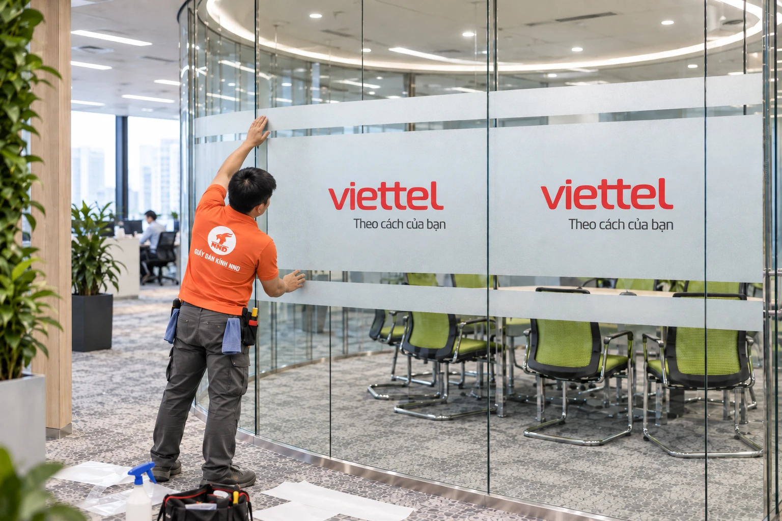 Hoàn thiện decal mờ kẻ chỉ cửa kính Viettel