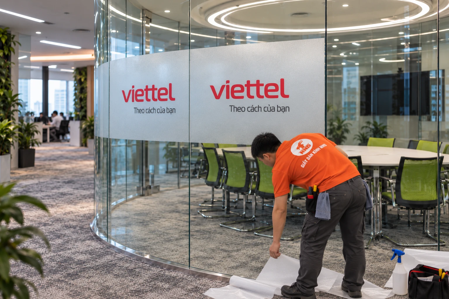 Thi công decal mờ kẻ chỉ cửa kính Viettel theo từng cụm