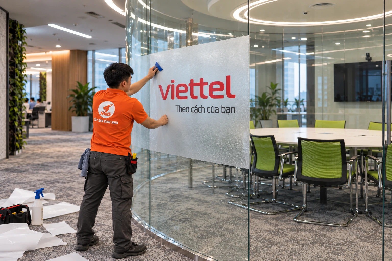 Hệ cửa kính văn phòng Viettel dán decal mờ kẻ chỉ