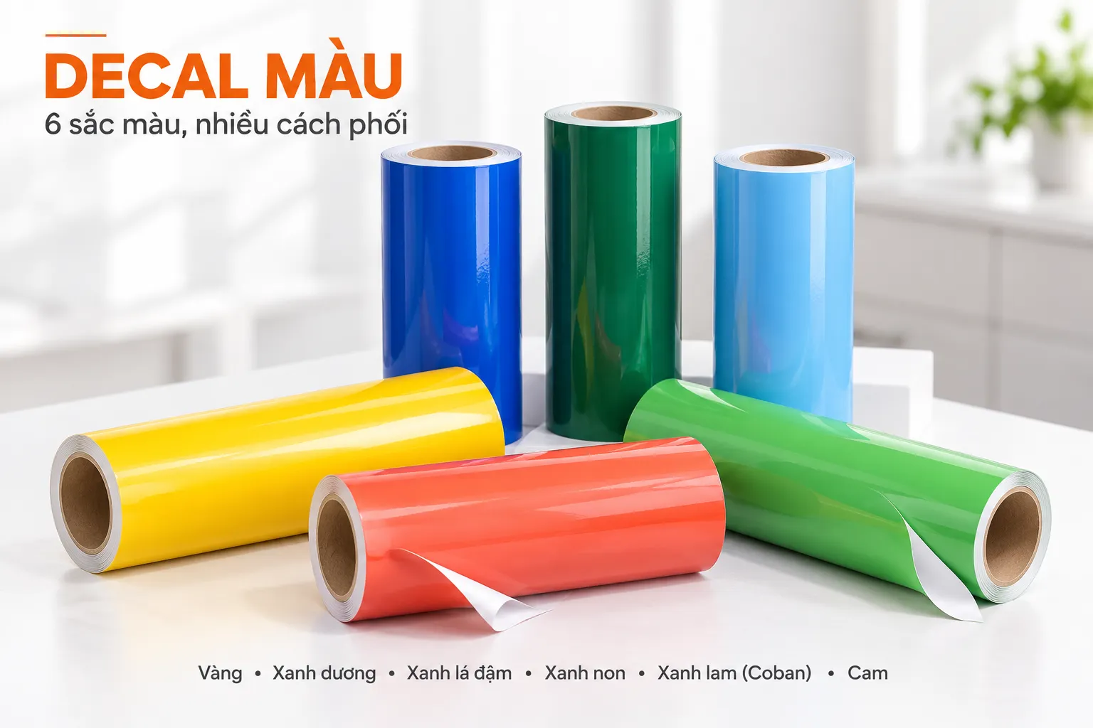 Decal màu dán kính với sáu màu vàng xanh dương xanh lá đậm xanh non xanh coban và cam