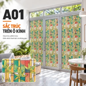 Cửa kính dán giấy A01 cây trúc nền ô màu với khung phóng to họa tiết