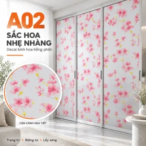 Giấy dán kính bông đào đỏ A02 trên cửa kính, có khung tròn phóng to hoa màu hồng và lá vàng