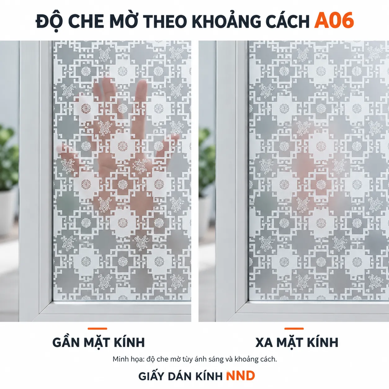 Giấy dán kính hoa văn triện A06 minh họa bàn tay gần và xa mặt kính