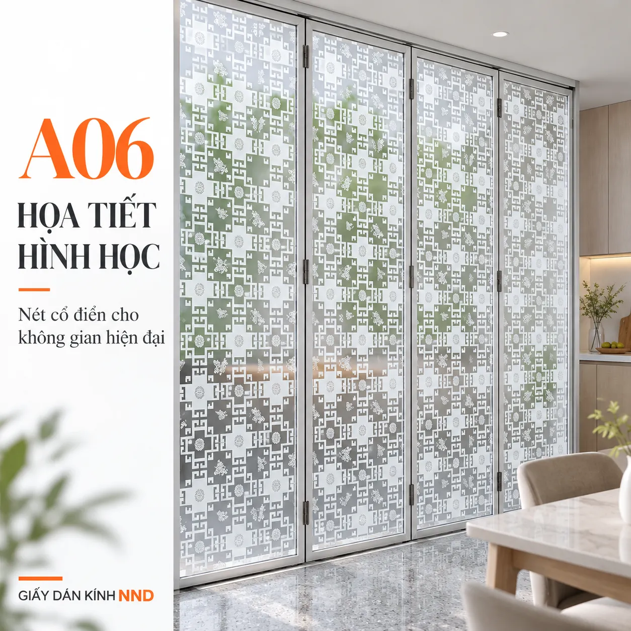 Giấy dán kính hoa văn triện A06 trên cửa kính nhiều cánh cạnh bàn