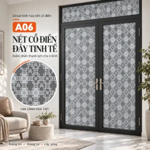 Giấy dán kính chữ thọ trắng mã A06 trên cửa kính khung đen với ô phóng lớn