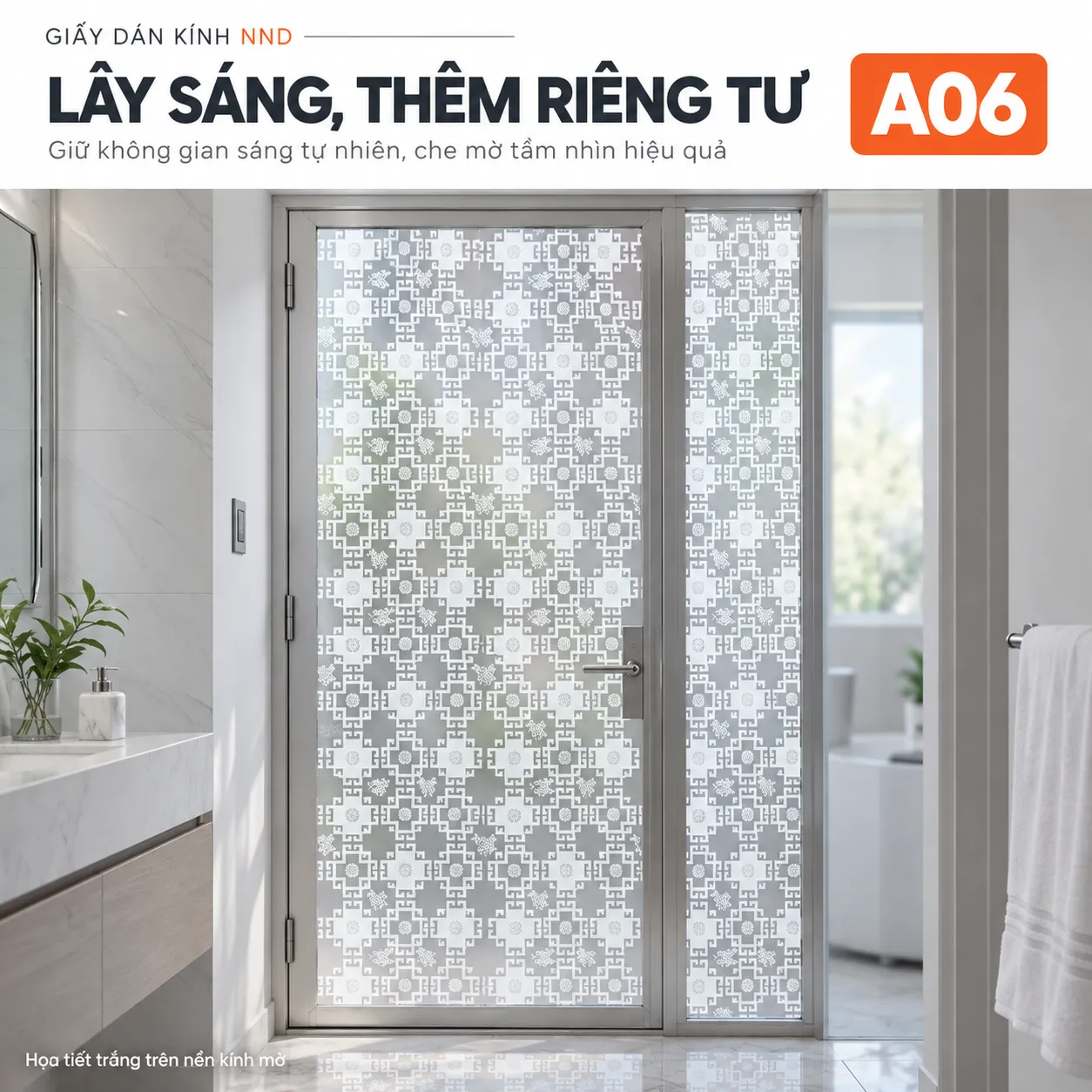 Giấy dán kính hoa văn triện A06 trên hệ kính cạnh bồn rửa