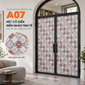 Giấy dán kính hoa văn A07 màu nâu trắng trên cửa kính khung đen