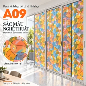Giấy dán kính hình cá A09 nhiều màu trên hệ cửa kính sáng
