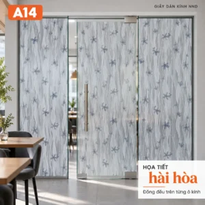 Decal A14 hoa xanh và đường lượn trắng trên cửa kính nhiều cánh
