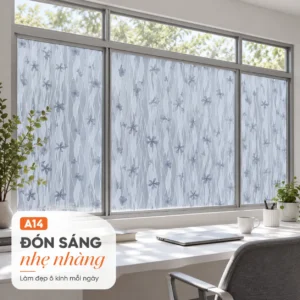 Decal A14 hoa xanh và vân lượn trắng trên cửa sổ góc làm việc