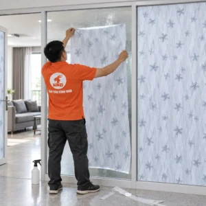 Người thợ căn tấm decal A14 ở phần trên cửa kính