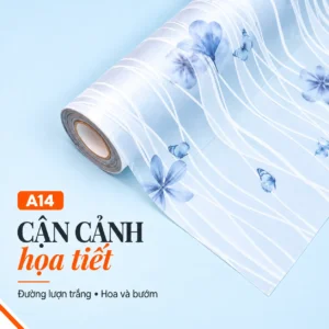 Cận cuộn giấy dán kính A14 hoa xanh bướm nhỏ và đường lượn trắng