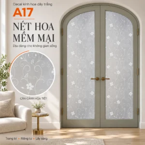 Giấy dán kính hoa dây trắng A17 trên cửa kính vòm hai cánh
