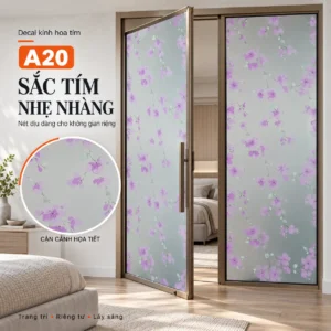 Giấy dán kính trang trí mã A20 trên cửa kính hai cánh với ô phóng lớn hoa tím