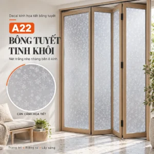 Decal hoa văn dán kính hình bông tuyết trắng mã A22 trên cửa kính gấp khung gỗ với ô phóng lớn