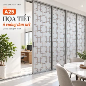 Giấy dán kính ô vuông nâu A25 trên cửa kính trượt cạnh khu vực bàn ghế