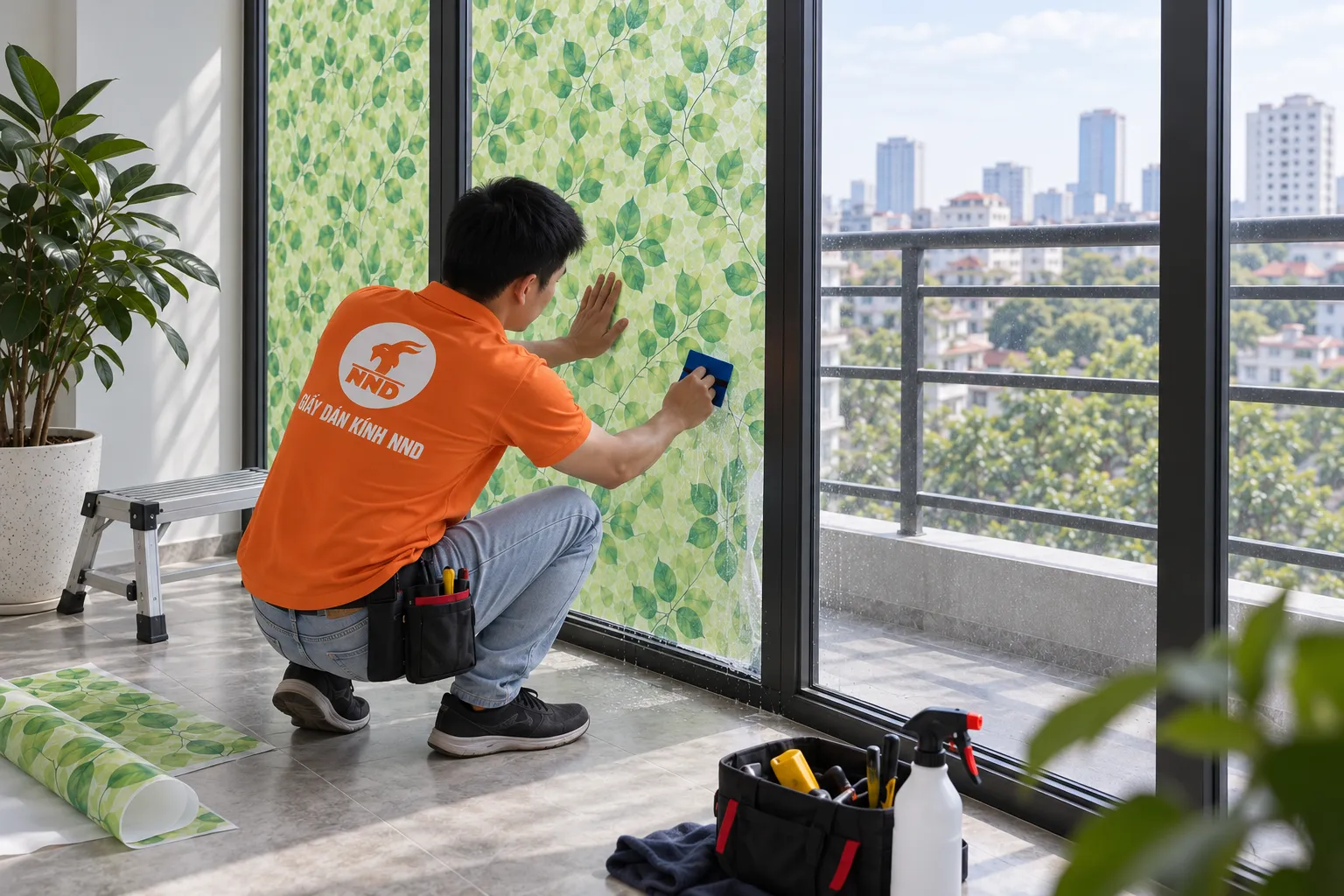 Giấy dán kính lá xanh A41 với người thợ gạt tại phần dưới ô kính