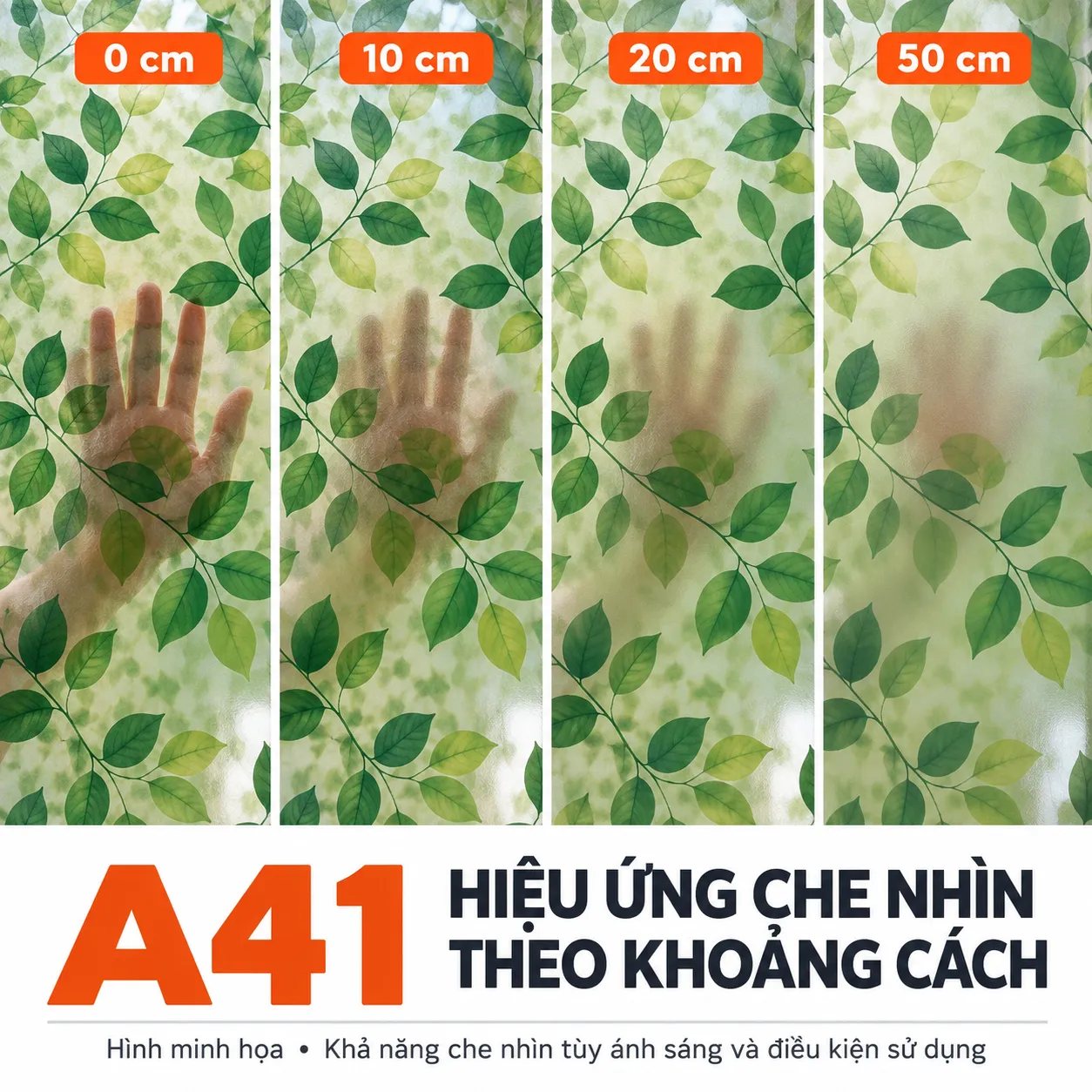 Giấy dán kính lá xanh A41 minh họa bàn tay sau họa tiết lá xanh